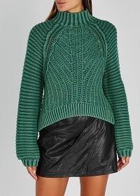 FREE PEOPLE Sweetheart green ribbed cotton jumper ~ chunky high neck knits ~ rib detail jumpers