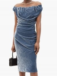 VIVIENNE WESTWOOD Ginnie draped velvet pencil dress in steel blue ~ luxe bardot evening dresses