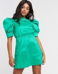 Girl In Mind sateen puff sleeve mini shift dress in green