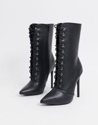 Glamorous lace up boots in black leather look ~ point toe stiletto heel boots