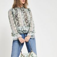 RIVER ISLAND Green long sleeve animal print blouse / frill edged blouses