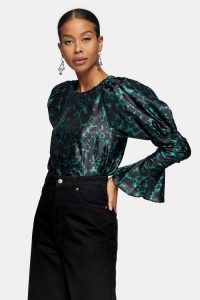 TOPSHOP Green Taffeta Sleeve Drama Blouse – volume sleeved blouses