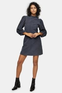 Topshop Grey Denim Corduroy Babydoll Dress | high neck cord dresses | puff sleeve fashion