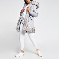 RIVER ISLAND Grey long line fur hem padded jacket ~ hooded winter coats