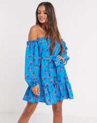 John Zack Petite off shoulder long sleeve mini dress in blue floral print / ruffled bardot dresses