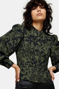 TOPSHOP Khaki Animal Print Slim Seamed Shirt – green printed puff shoulder shirts