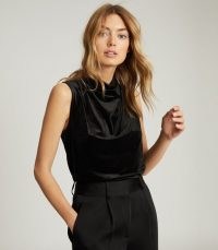 REISS LOLA HIGH NECK SLEEVELESS TOP BLACK ~ chic drape front tops