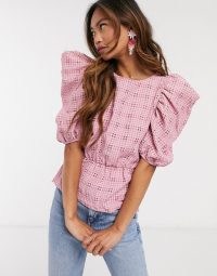 Miss Selfridge puff sleeve blouse in pink check | extreme puffed sleeves | checked blouses