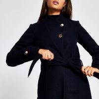 RIVER ISLAND Navy belted button detail coat ~ dark blue winter coats