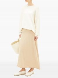 EXTREME CASHMERE No.138 rolled-hem cashmere-blend midi skirt ~ casual luxe ~ beige knit skirts ~ luxury knitted clothing