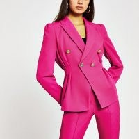 River Island Pink Double Breasted blazer | puff shoulder jacket | puffed shoulders | bright blazers