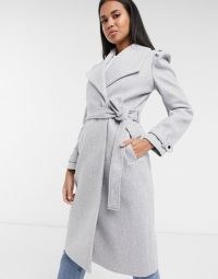 River Island puff sleeve belted robe coat in light grey | puffed shoulder wrap coats