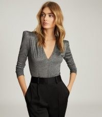 REISS ROSIE LONG SLEEVED METALLIC BODYSUIT SILVER / deep V neck bodysuits / structured shoulders