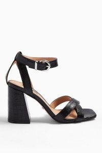 TOPSHOP SACHA Black Ankle Tie Block Heel Sandals / croc effect chunky high heels