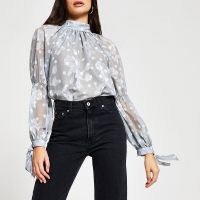 RIVER ISLAND Silver long sleeve tie neck blouse / romantic style floral blouses