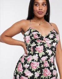 Skylar Rose Plus mini slip dress with tie front in vintage rose floral | black cami strap dresses | plus size going out fashion | plunge front neckline