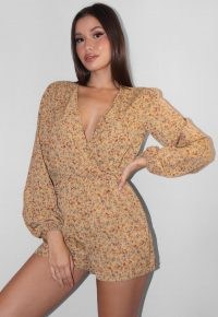 Missguided tan floral long sleeve plunge neck playsuit | deep V neckline playsuits