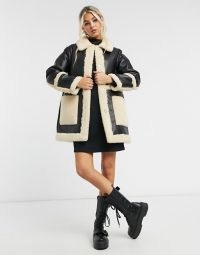 Topshop reversible borg shacket in black and cream ~ winter coats ~ textured faux fur trim shackets