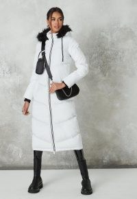 MISSGUIDED white chevron quilted maxi padded coat ~ hooded longline winter coats ~ faux fur hoods