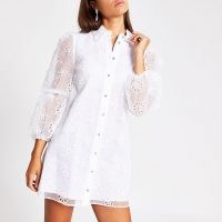 River Island White long sleeve floral organza mini dress | sheer puff sleeved dresses