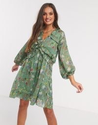 Y.A.S Petite mini skater dress with ruffle detail in green floral / frill trimmed dresses