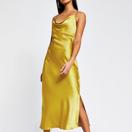RIVER ISLAND Yellow sleeveless cowl midi dress with trim ~ slip dresses ~ party glamour