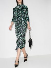 yuhan wang rose bud print ruched midi dress black / green