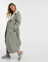 ASOS DESIGN borg collared belted maxi coat in mushroom ~ longline winter coats