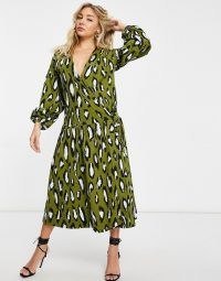 ASOS DESIGN oversized long sleeve midi smock with drop waist in khaki and black leopard ~ green animal print dresses