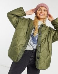 ASOS DESIGN quilted jacket with fleece lining in khaki ~ casual green jackets