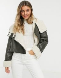 ASOS DESIGN shearling chuck on jacket in khaki ~ green faux leather borg lined jackets