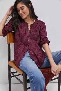 Pilcro Jolie Pintucked Blouse in Wine ~ floral embroidered blouses