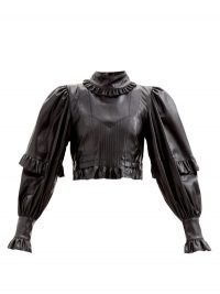 PACO RABANNE Balloon-sleeve ruffled faux-leather top ~ high neck volume sleeved crop tops