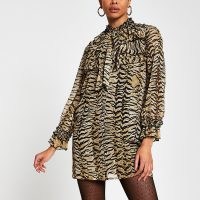 RIBER ISLAND Beige long sleeve animal print mini dress / ruffled high neck dresses