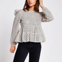 River Island Beige peplum lace puff sleeve top | tops with volume