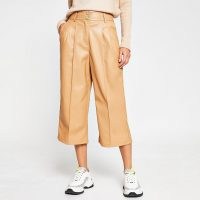 River Island Beige PU pleat front cullottes – faux leather culotte trousers – crop leg