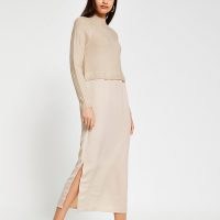 RIVER ISLAND Beige satin jumper midi dress ~ neutrals ~ neutral dresses ~ chic knitwear