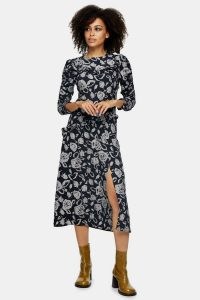 TOPSHOP Black And White Oversized Floral Midi Dress – front slit dresses