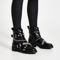 RIVER ISLAND Black embellished biker lace up boots