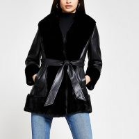 River Island Black faux fur PU belted jacket ~ faux leather self tie jackets