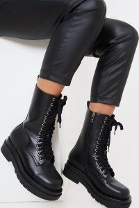 IN THE STYLE BLACK FAUX LEATHER HIGH LACE UP BOOTS ~ chunky combat boots