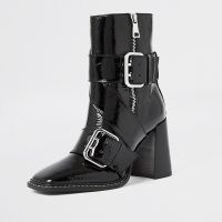 RIVER ISLAND Black leather buckle square toe boot | patent biker style boots