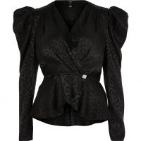 RIVER ISLAND Black long sleeve animal jacquard wrap top / structured puff sleeve tops / glamorous vintage style blouse