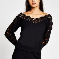 RIVER ISLAND Black long sleeve lace bardot sweatshirt ~ off the shoulder tops