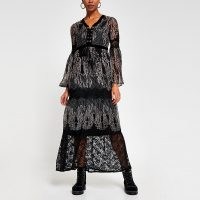 RIVER ISLAND Black long sleeve lace layer midi dress ~ semi sheer dresses