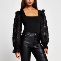 River Island Black long sleeve corset lurex blouse top | glamorous square neck evening tops | sparkly volume sleeved fashion