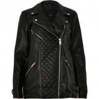 River Island Black longline PU quilted biker jacket – casual zip detail jackets