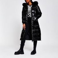 RIVER ISLAND Black oversized RI puffer coat ~ glossy hooded winter coats ~ padded outerwear