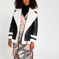 RIVER ISLAND Black oversized shearling aviator jacket ~ monochrome winter jackets