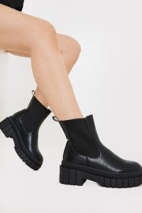 IN THE STYLE BLACK PU CHUNKY BIKER BOOT ~ thick sole ankle boots